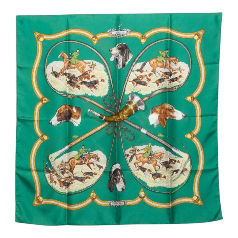 Hermes Carre 90 LE LAISSER COURRE (Le Laisser Coeur) Hound Scarf/Muffler, Gre...